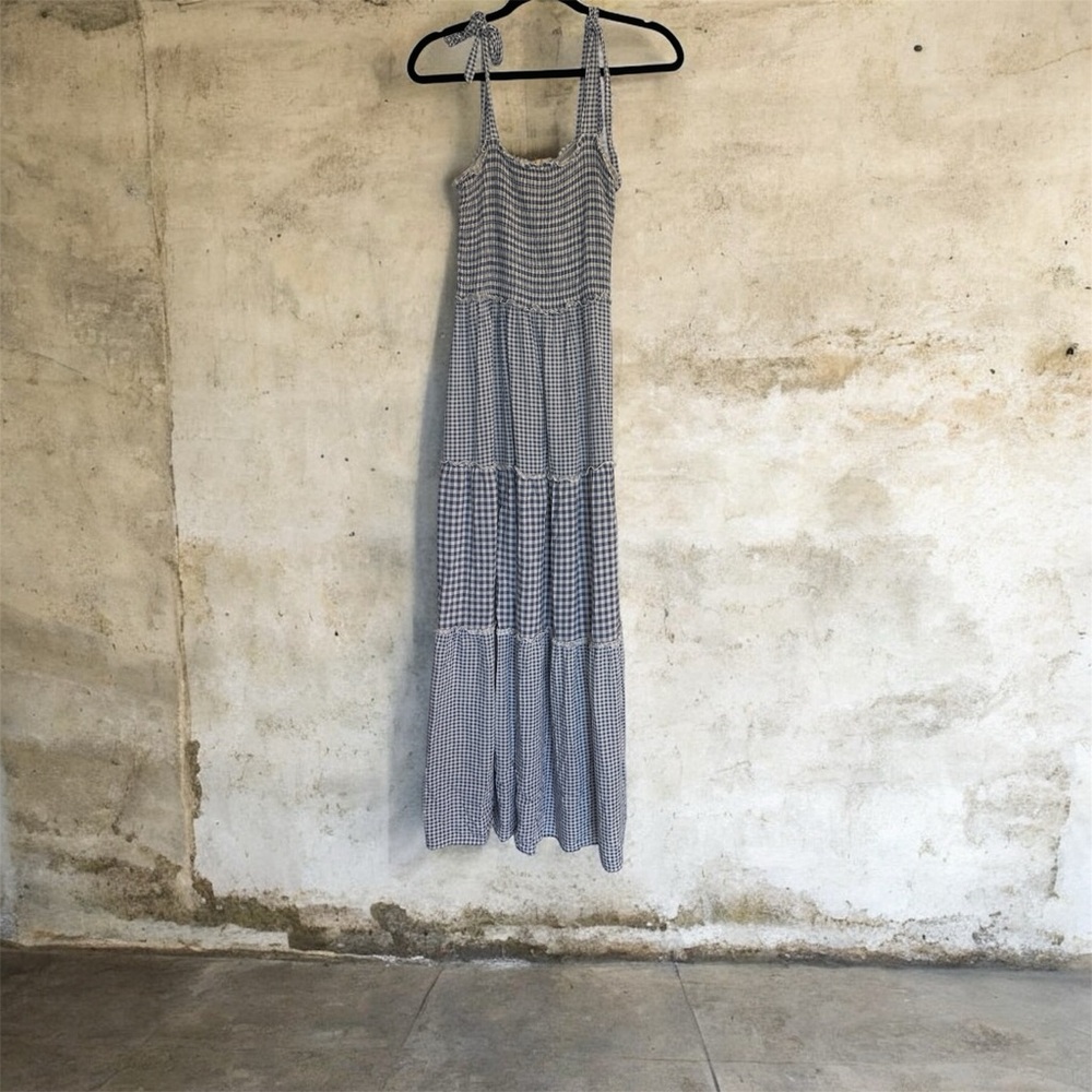 BeBop Maxi Dress Blue White Boho Gingham Tiered Smocked Size Medium Tie‎ Strap